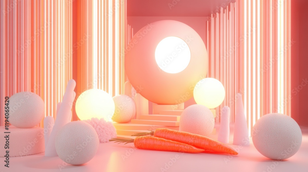 Poster abstract 3d scene with colorful neon lights and geometric shapes featuring bright carrots and soft o