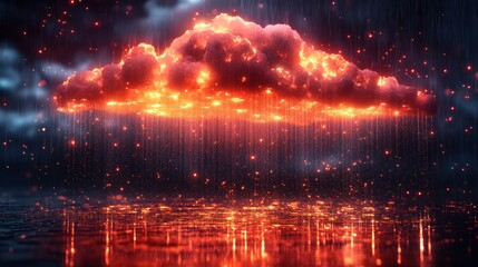 Fototapeta premium Digital clouds hang above the surface and exchange neon signals in the form of rain