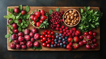 Vibrant Assorted Fresh Berries and Nuts on Rustic Wooden Board
