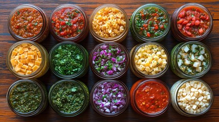 Vibrant Assorted Jars of Sauces and Ingredients on a Rustic Wooden Table