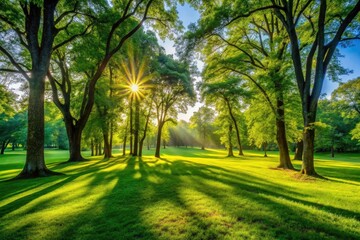 Fototapeta premium Sunlit Forest Park: Vibrant Green Grass, Long Tree Shadows, Nature Photography, Scenic Landscape