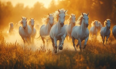 Majestic herd of white horses galloping across a sunlit field at sunset, dust rising from their hooves.