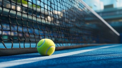 A tennis ball resting near the net on a court, capturing a moment in sports.