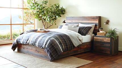 Cozy bedroom with rustic bed and modern decor a relaxing ground level retreat