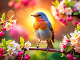 Sunset Bird Photography: Vibrant Bird on Blossoming Branch, Colorful Flowers, Tranquil Scene