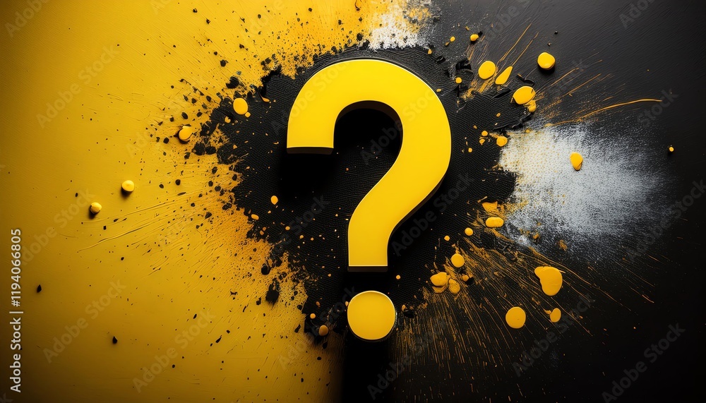 Poster a bold yellow question mark on a black background, surrounded by colorful splashes, creating an intr