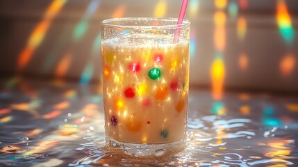 Vibrant Drink Illuminated by Sunlight with Colorful Rainbow Reflections