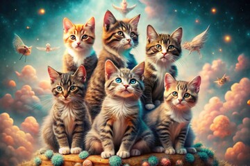 Fototapeta premium Surreal Cute Cat Pyramid Stack, Whimsical Feline Art, Dreamy Kitten Photo, Magical Cat Stacking