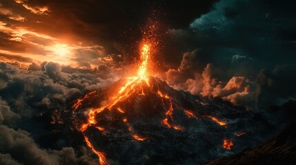 Naklejka premium Erupting volcano at sunset, fiery lava flows, dramatic cloudscape, disaster movie scene