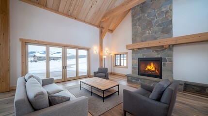Cozy mountain cabin living room rustic decor and warm atmosphere in winter retreat
