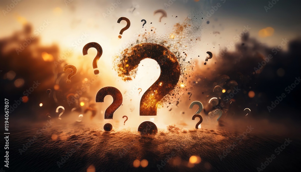 Poster a captivating scene featuring floating question marks, symbolizing curiosity and exploration amidst 