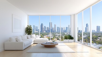 Fototapeta premium Modern living room interior bright urban apartment with wide angle city views