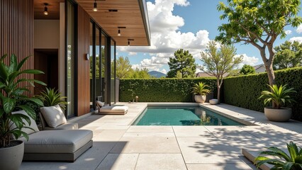 A serene rectangular swimming pool brimming with crystal-clear light blue water, surrounded by a sleek, gray tiled patio crafted from uniformly laid horizontal squares