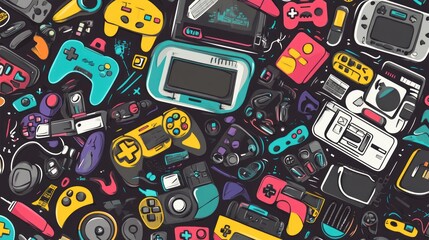Retro gaming controllers, consoles, background pattern, digital illustration, website banner