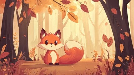 Cute fox in autumn forest, children's book illustration
