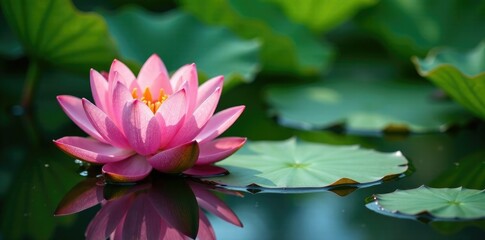 Pink lotus blooms on green leaves in a shallow pool of still water, watery, blooms, leaves