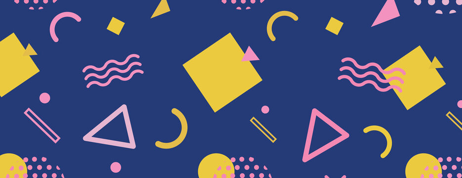Retro geometric background with a navy blue background, featuring pink and yellow shapes. The navy blue adds a bold, vibrant texture. Fun memphis pattern background. Blue background vector.
