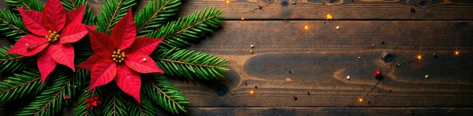 Poinsettia and fir branches intertwined on wooden background, decoration, , branch