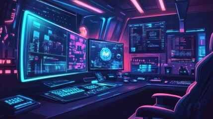 Obraz premium Neon-lit crypto trading station, futuristic office, night