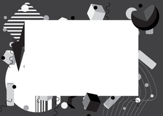 Black and white geometrical graphic retro theme background with place for text. Minimal geometric elements frame. Vintage abstract shapes for advertising.