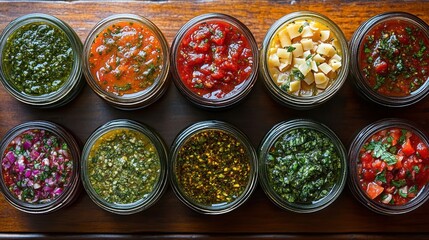 Vibrant Sauces and Condiments in Jars on a Rustic Wooden Table Surface