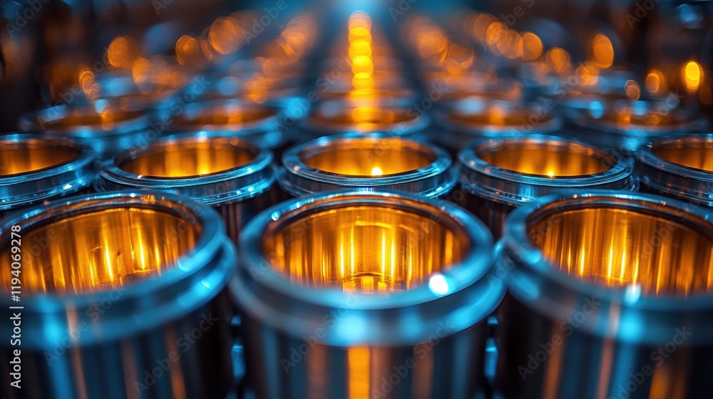 Poster close-up view of metallic cylinders with illuminated inner surfaces in industrial environment showca