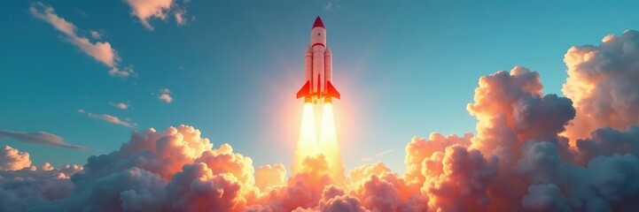 Red hot rocket with glowing engines taking off into a bright blue and white sky, launches, blazing