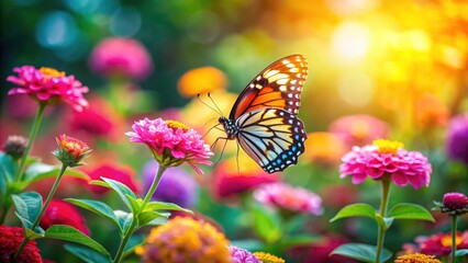Naklejka premium Tilt-Shift Butterfly Pink Flower Garden Photography - Miniature World, Macro Photography, Insect, Bloom