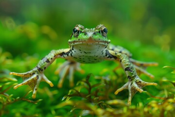 Fototapeta premium Frogs have long legs, longer than their head and body, which are made for hopping. Toads, on the other hand, have much shorter legs and prefer to crawl around rather than hop.
