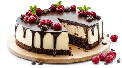 Decadent Chocolate Cheesecake with Fresh Raspberries on a Wooden Serving Board