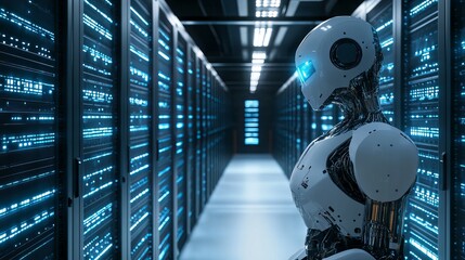 A robot conducting high-speed data analysis in a modern server room with rows of servers and LED indicators, Data tech style, photo of