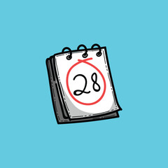 Cartoon illustration featuring a calendar with the date 28 circled prominently, 
set against a simple blue background, symbolizing deadlines, appointments, 
and important dates.
