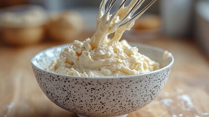 Whisking Creamy Batter in a Speckled Bowl on a Wooden Kitchen Counter