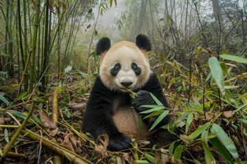 Naklejka premium Giant panda (Ailuropoda melanoleuca) eating bamboo.