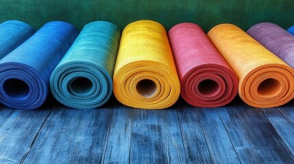 Vibrant Yoga Mats Arranged on a Rustic Wooden Studio Floor for Wellness