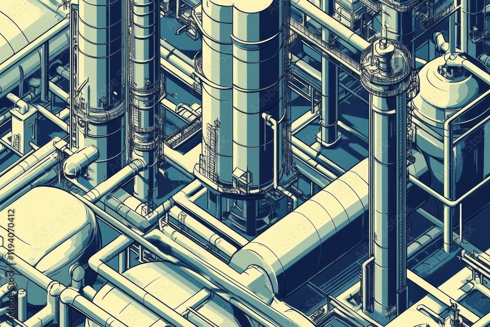 Aufkleber geometric industrial design showcasing interconnected oil tanks and piping systems in a complex arra