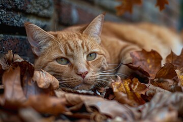 Ginger cat absent minded lying outside the house.With leaves as foreground and background.