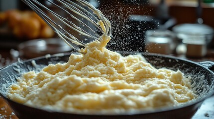 Whisking Creamy Mashed Potatoes in a Rustic Kitchen Setting