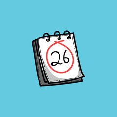 Cartoon illustration featuring a calendar with the date 26 circled prominently, 
set against a simple blue background, symbolizing deadlines, appointments, 
and important dates.