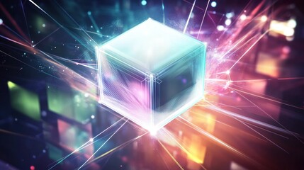 Glowing cube digital art; network background, tech concept