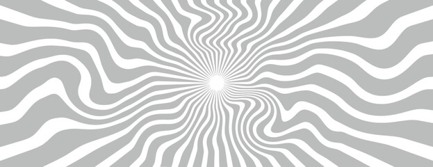 Gray and white striped background with a hypnotic swirl pattern. The background is dynamic and bold, featuring gray and white colors. Psychedelic pattern background vector. Gray background.