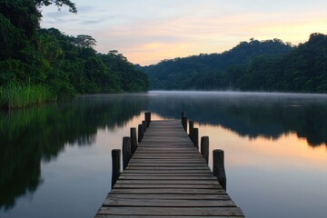 Fototapeta premium Serene Wooden Pier at Dawn Over Calm Lake Surrounded by Forest