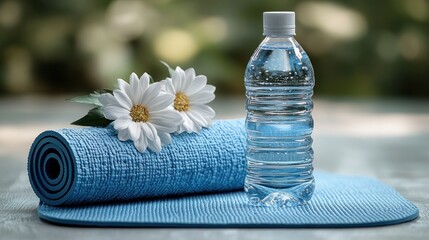 Yoga Mat and Water Bottle Surrounded by Vibrant Flowers in Nature