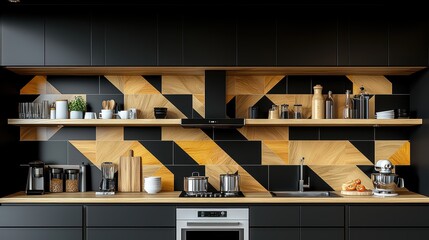 Modern kitchen design with geometric wooden accents and sleek black cabinetry