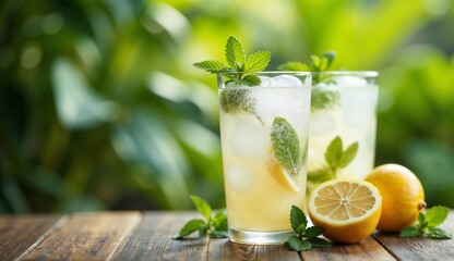 Refreshing iced drinks with mint and lemon served in clear glasses on a wooden table