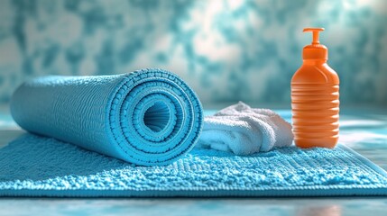 Yoga Mat, Towel, and Soap Dispenser in a Peaceful, Serene Environment
