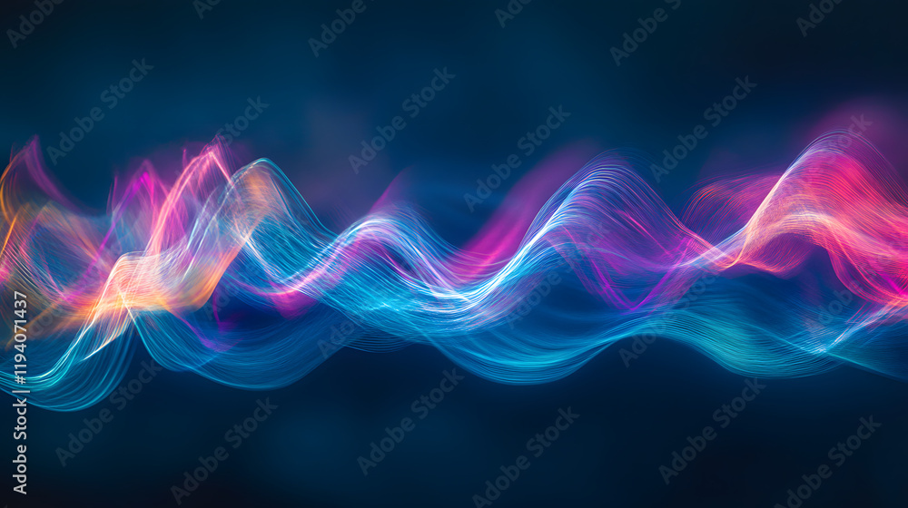 Poster a luminous abstract wave pattern in bright cyan and magenta over a dark gradient background, emphasi