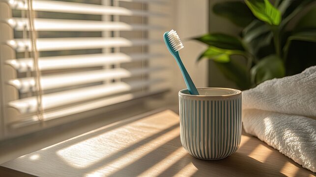 A blue toothbrush in a ceramic cup on a wooden table with natural sunlight streaming in.