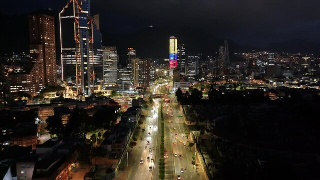 Colpatria Tower At Bogota In District Capital Colombia. Illuminated Downtown. City At Night Landscape. Bogota At District Capital Colombia. Financial District. Night City Scene.