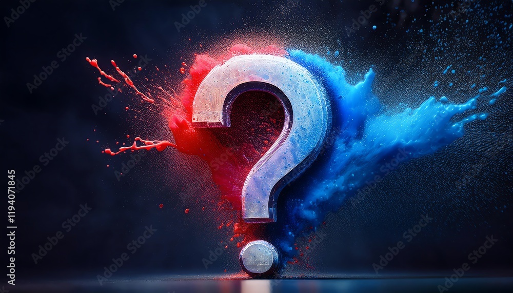 Poster a vibrant splash of red and blue surrounds a large, textured question mark, symbolizing curiosity an